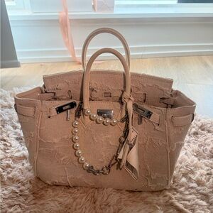 Chic Tan Satchel with Pearl Chain